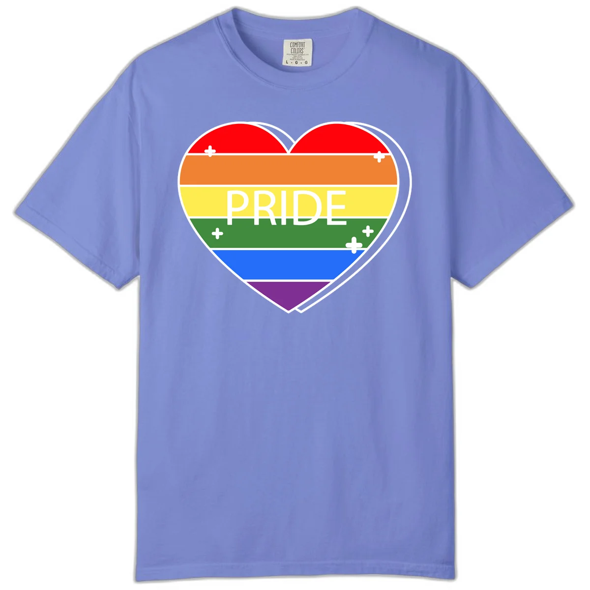 Rainbow pride heart with horizontal stripes and white 'PRIDE' text, featuring scattered plus signs and bold outline in Flo Blue