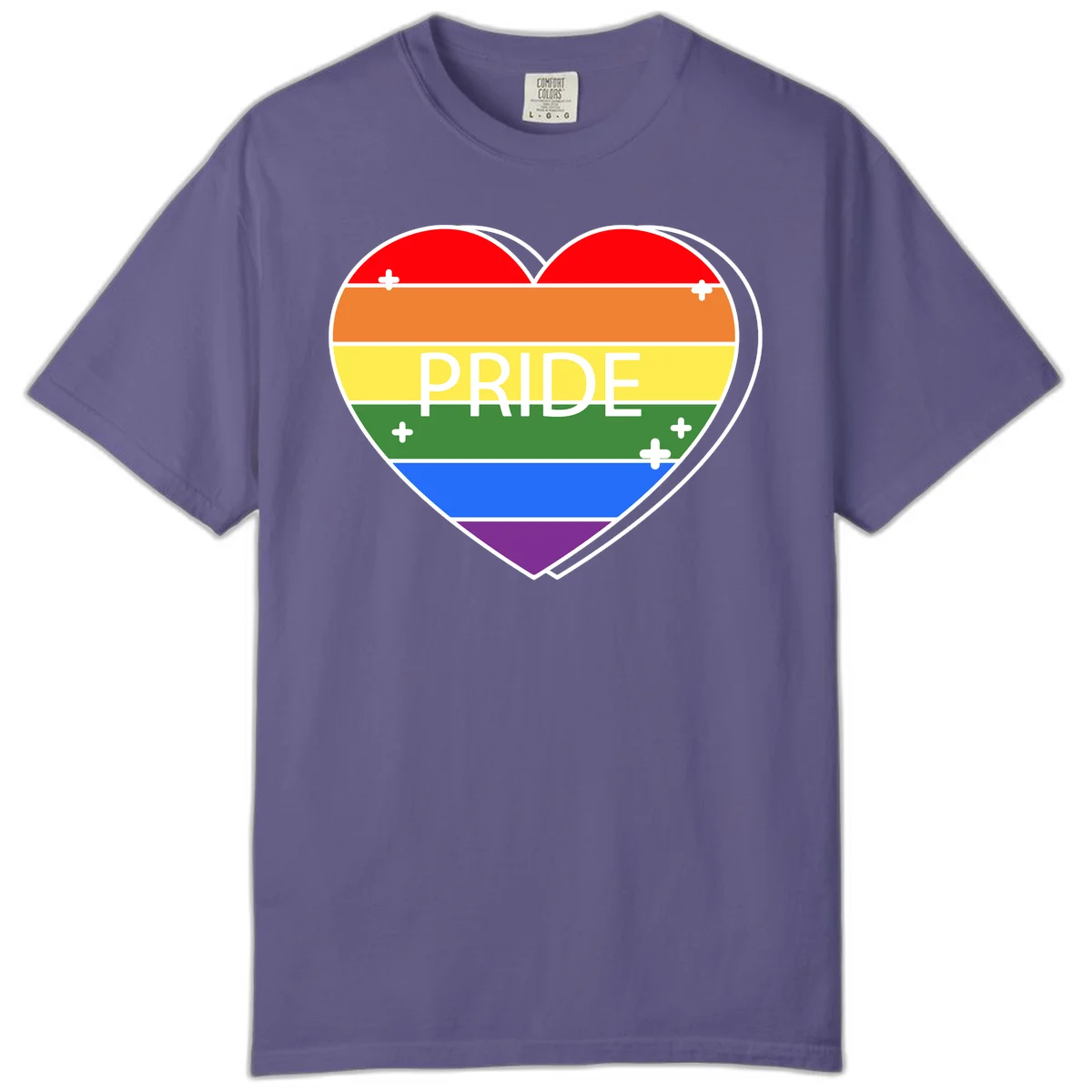 Rainbow pride heart with horizontal stripes and white 'PRIDE' text, featuring scattered plus signs and bold outline in Grape