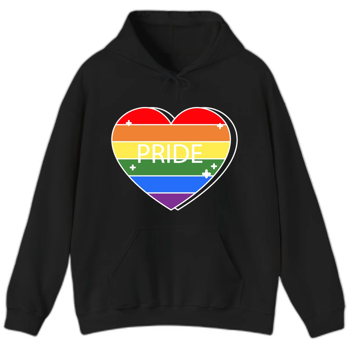Rainbow pride heart with horizontal stripes and white 'PRIDE' text, featuring scattered plus signs and bold outline in Black