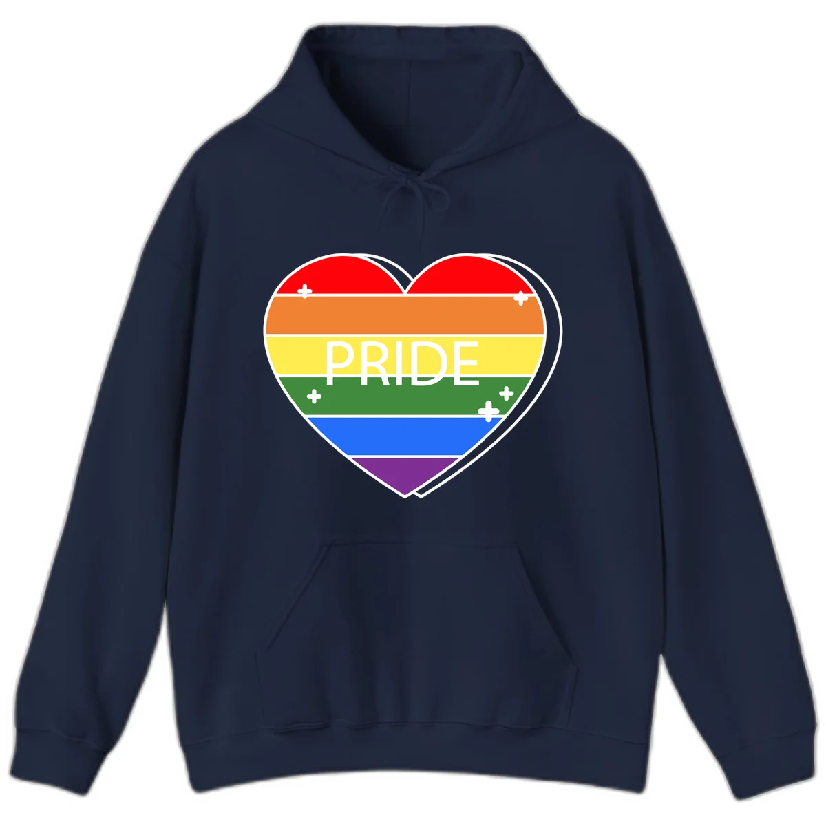 Rainbow pride heart with horizontal stripes and white 'PRIDE' text, featuring scattered plus signs and bold outline in Navy