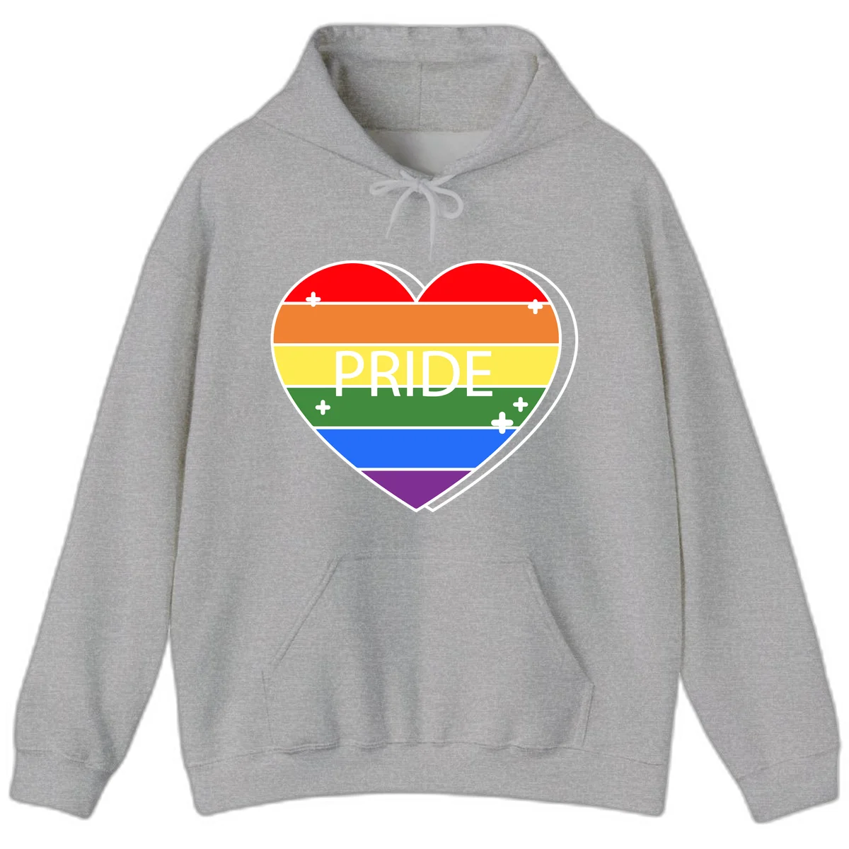 Rainbow pride heart with horizontal stripes and white 'PRIDE' text, featuring scattered plus signs and bold outline in Sport Grey