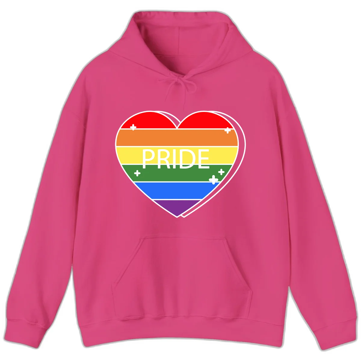 Rainbow pride heart with horizontal stripes and white 'PRIDE' text, featuring scattered plus signs and bold outline in Heliconia