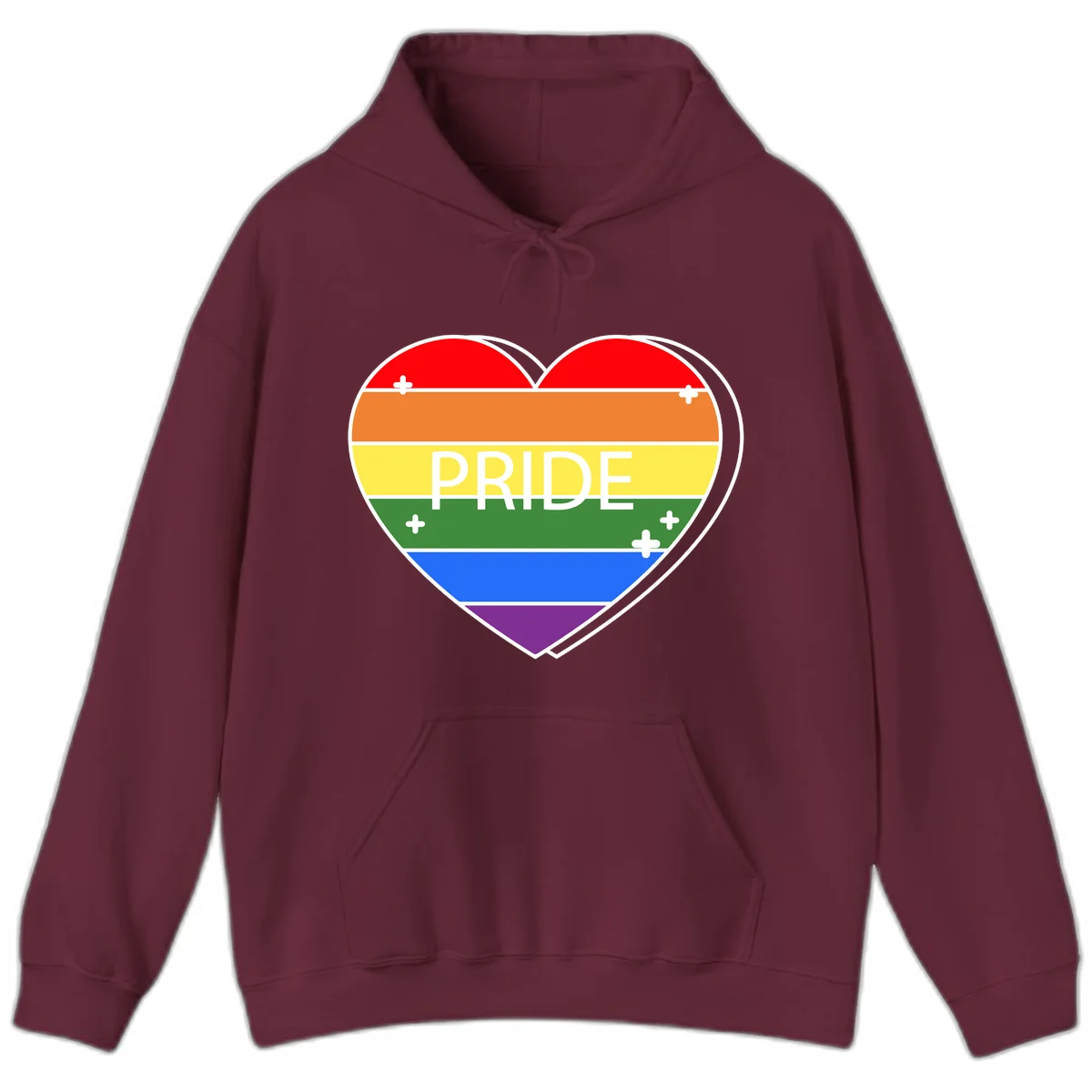 Rainbow pride heart with horizontal stripes and white 'PRIDE' text, featuring scattered plus signs and bold outline in Maroon