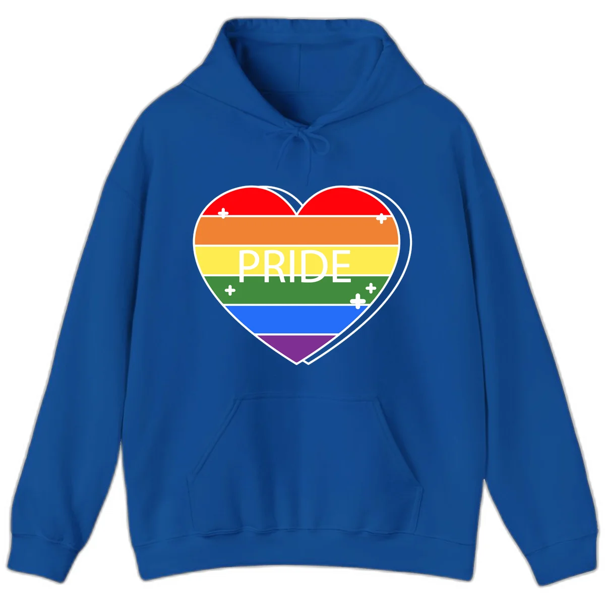 Rainbow pride heart with horizontal stripes and white 'PRIDE' text, featuring scattered plus signs and bold outline in Royal