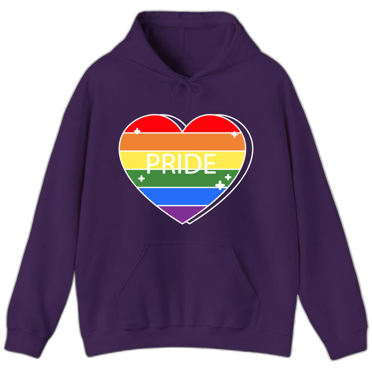 Rainbow pride heart with horizontal stripes and white 'PRIDE' text, featuring scattered plus signs and bold outline in Purple