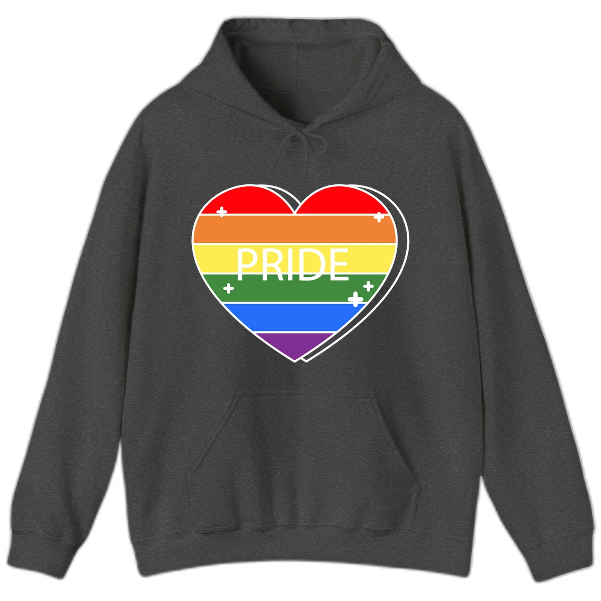 Rainbow pride heart with horizontal stripes and white 'PRIDE' text, featuring scattered plus signs and bold outline in Dark Heather