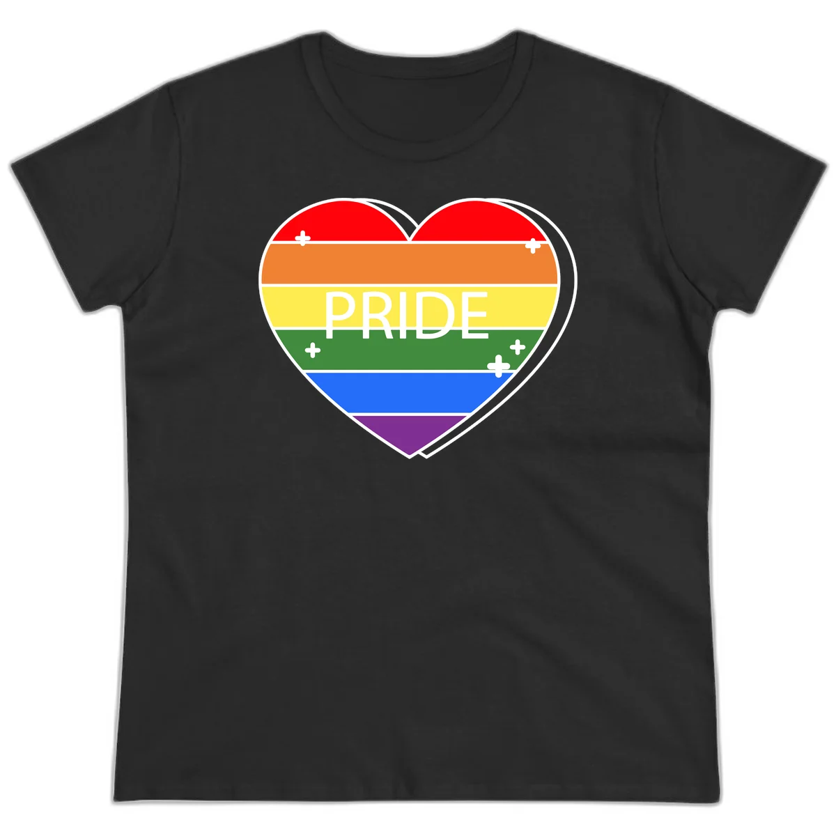 Rainbow pride heart with horizontal stripes and white 'PRIDE' text, featuring scattered plus signs and bold outline in Black