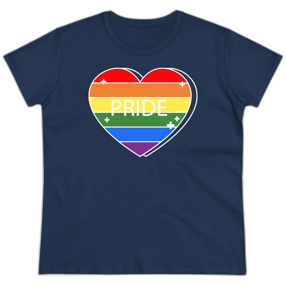 Rainbow pride heart with horizontal stripes and white 'PRIDE' text, featuring scattered plus signs and bold outline in Navy