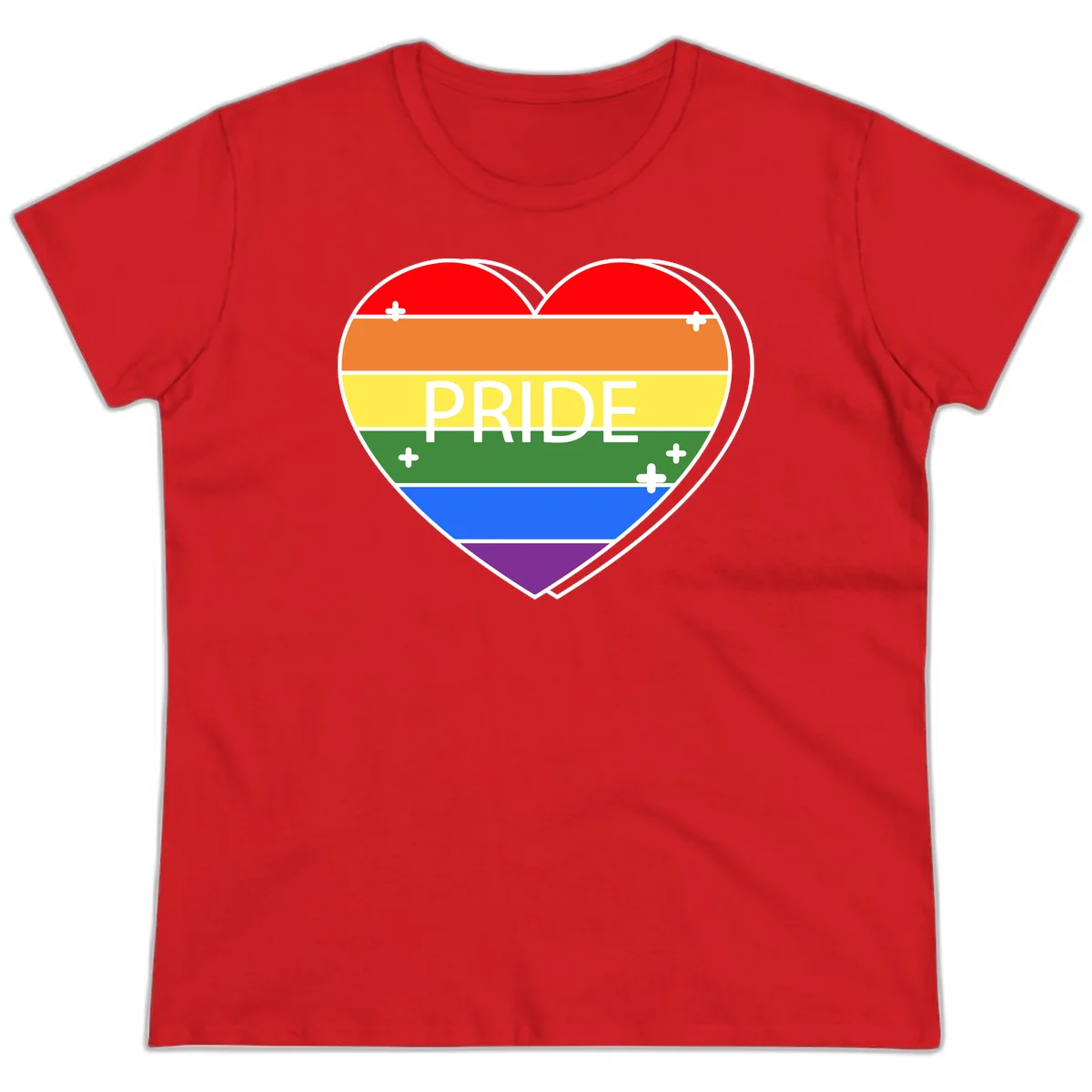 Rainbow pride heart with horizontal stripes and white 'PRIDE' text, featuring scattered plus signs and bold outline in Red