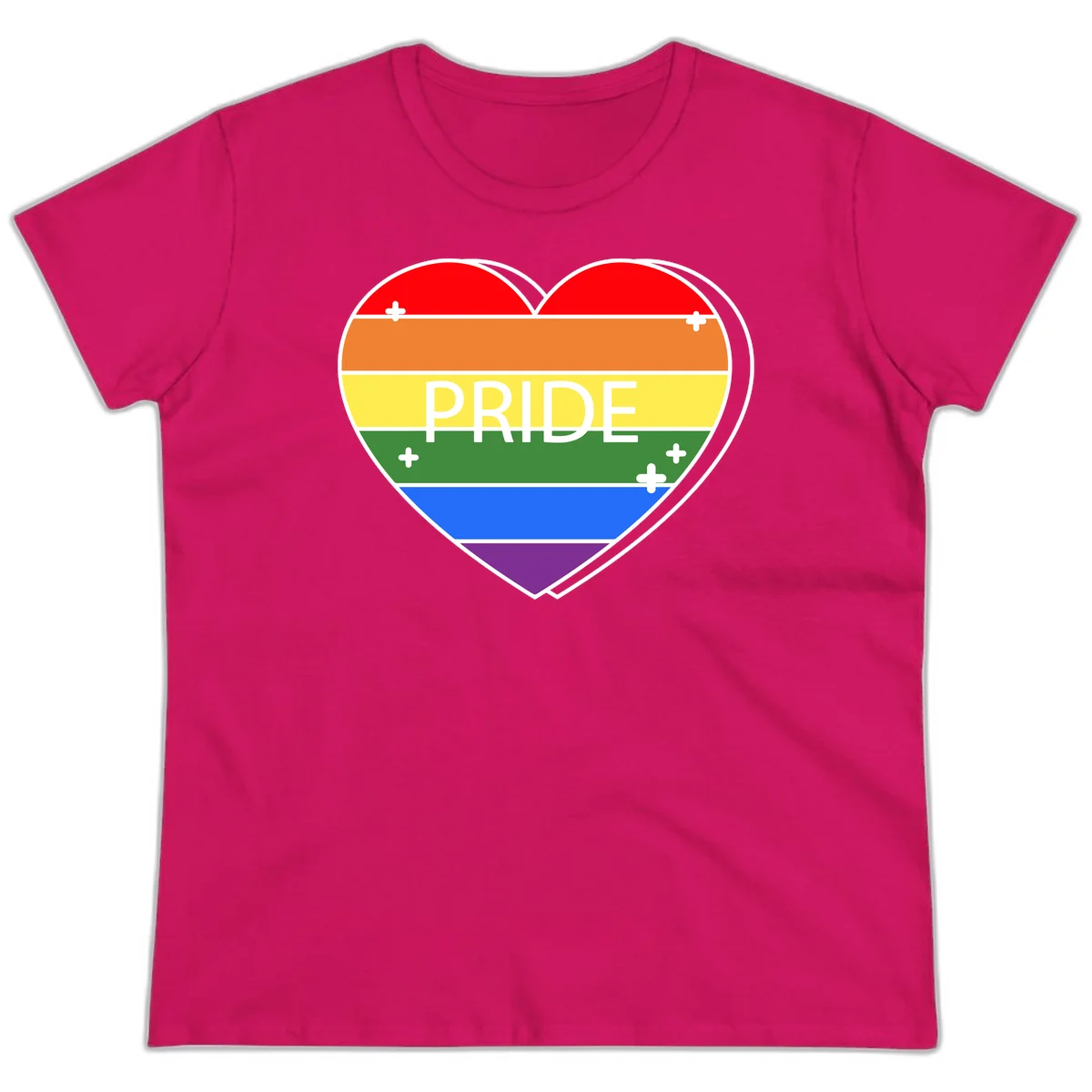 Rainbow pride heart with horizontal stripes and white 'PRIDE' text, featuring scattered plus signs and bold outline in Heliconia