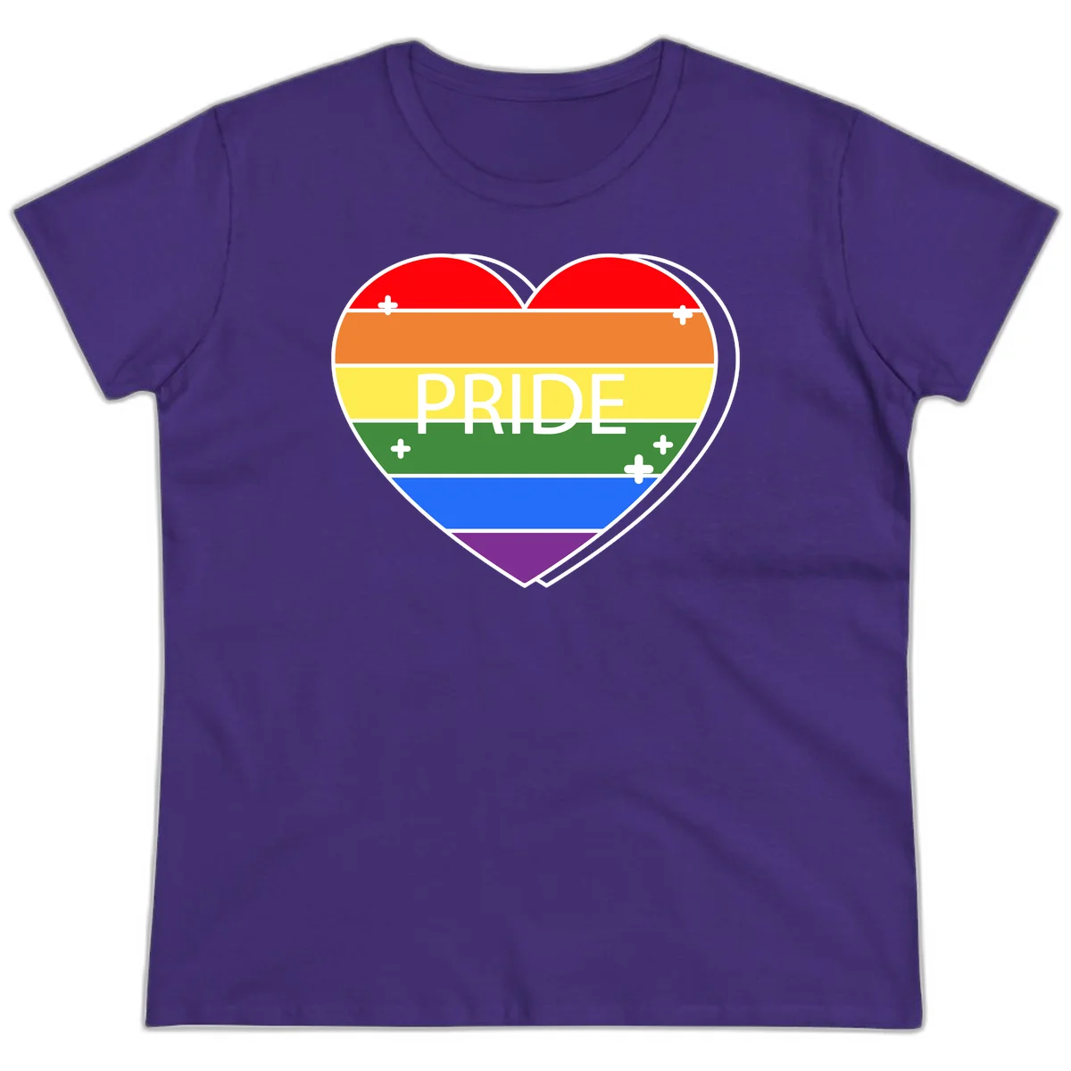 Rainbow pride heart with horizontal stripes and white 'PRIDE' text, featuring scattered plus signs and bold outline in Purple