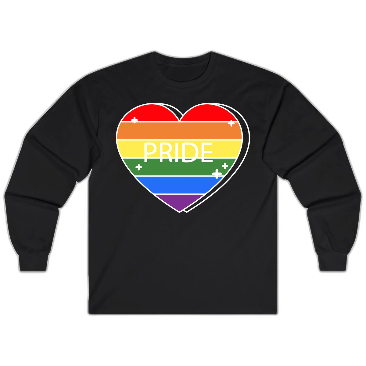 Rainbow pride heart with horizontal stripes and white 'PRIDE' text, featuring scattered plus signs and bold outline in Black