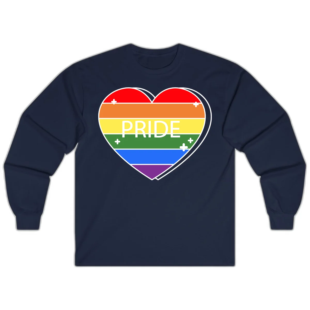 Rainbow pride heart with horizontal stripes and white 'PRIDE' text, featuring scattered plus signs and bold outline in Navy