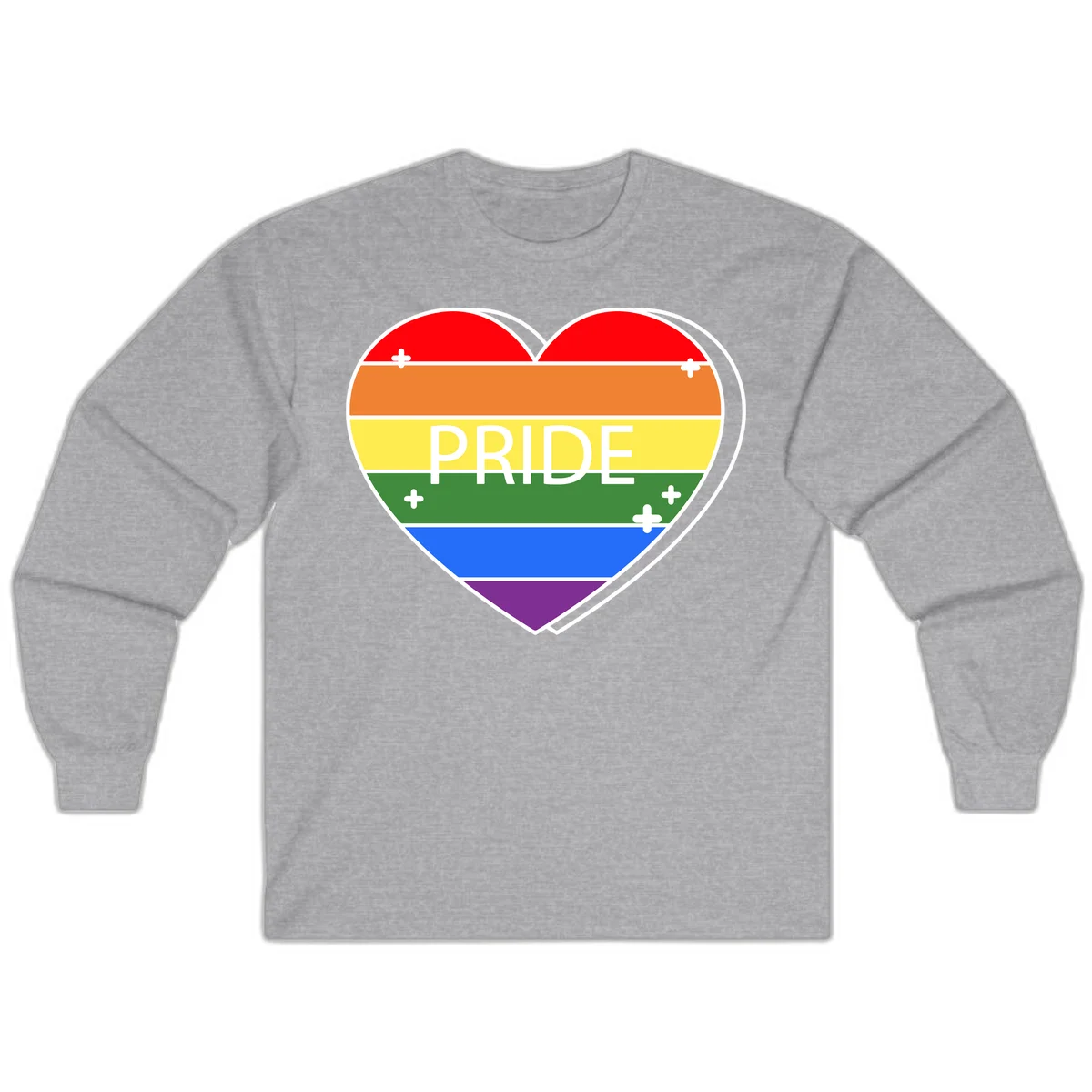 Rainbow pride heart with horizontal stripes and white 'PRIDE' text, featuring scattered plus signs and bold outline in Sport Grey