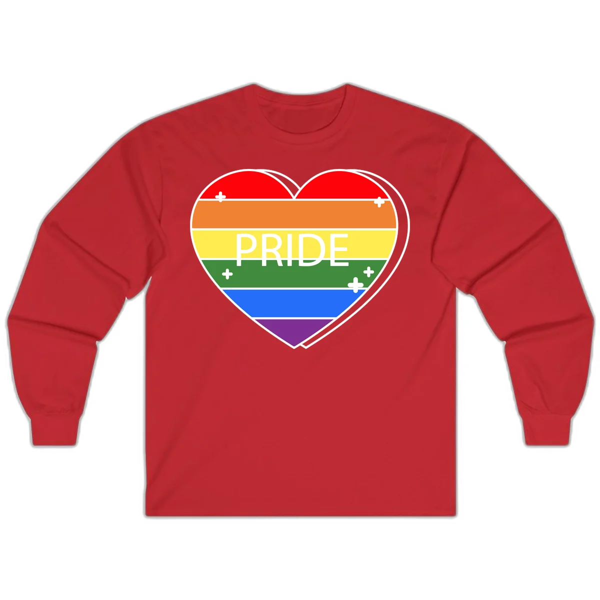 Rainbow pride heart with horizontal stripes and white 'PRIDE' text, featuring scattered plus signs and bold outline in Red
