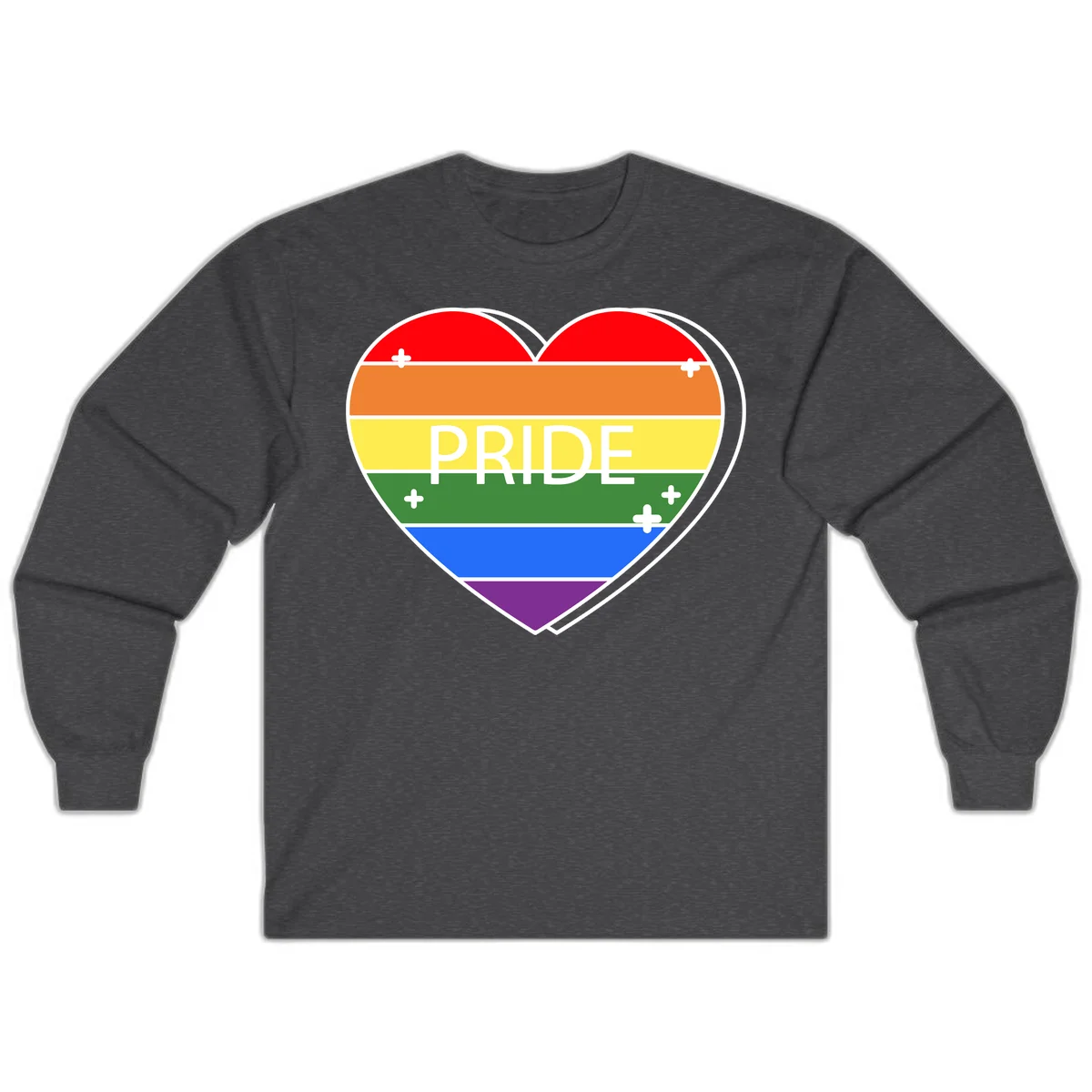 Rainbow pride heart with horizontal stripes and white 'PRIDE' text, featuring scattered plus signs and bold outline in Dark Heather