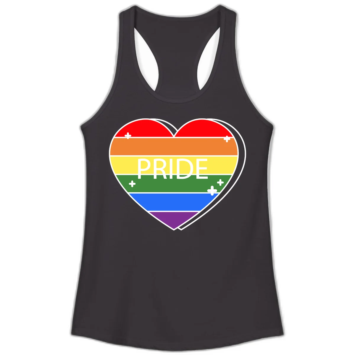 Rainbow pride heart with horizontal stripes and white 'PRIDE' text, featuring scattered plus signs and bold outline in Black