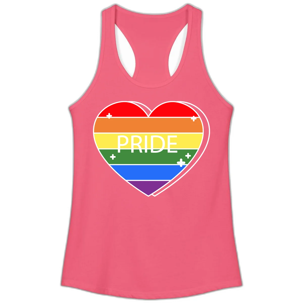 Rainbow pride heart with horizontal stripes and white 'PRIDE' text, featuring scattered plus signs and bold outline in Hot Pink