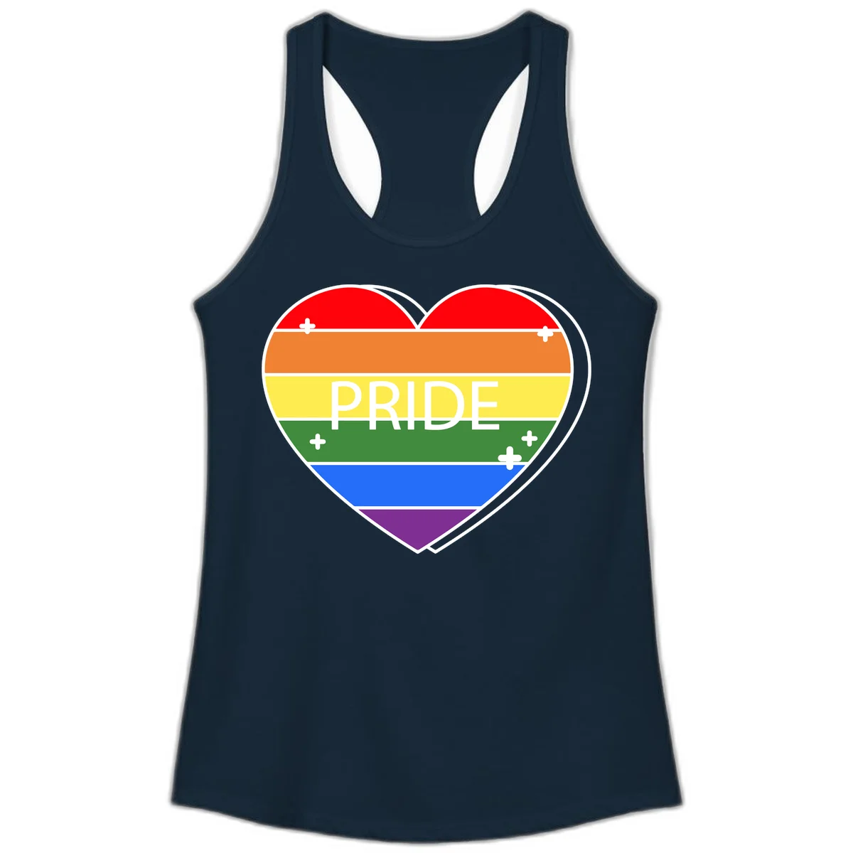 Rainbow pride heart with horizontal stripes and white 'PRIDE' text, featuring scattered plus signs and bold outline in Solid Midnight Navy