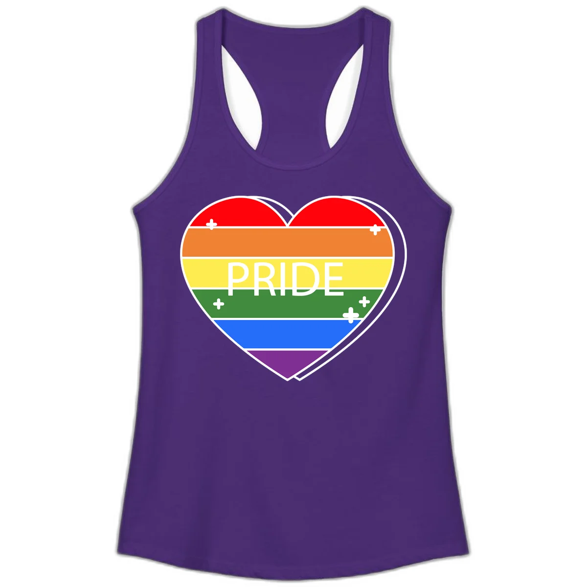 Rainbow pride heart with horizontal stripes and white 'PRIDE' text, featuring scattered plus signs and bold outline in Solid Purple Rush