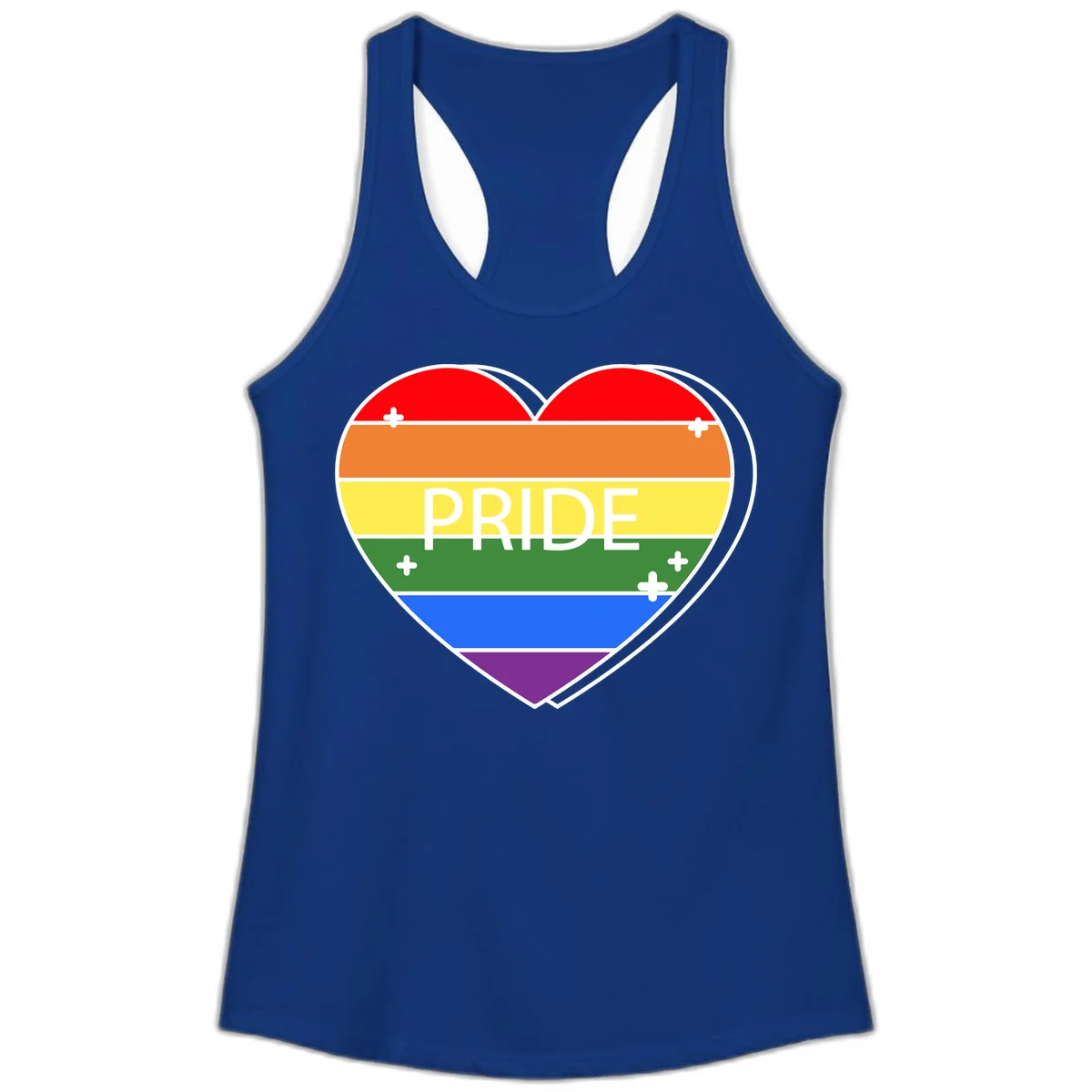 Rainbow pride heart with horizontal stripes and white 'PRIDE' text, featuring scattered plus signs and bold outline in Solid Royal