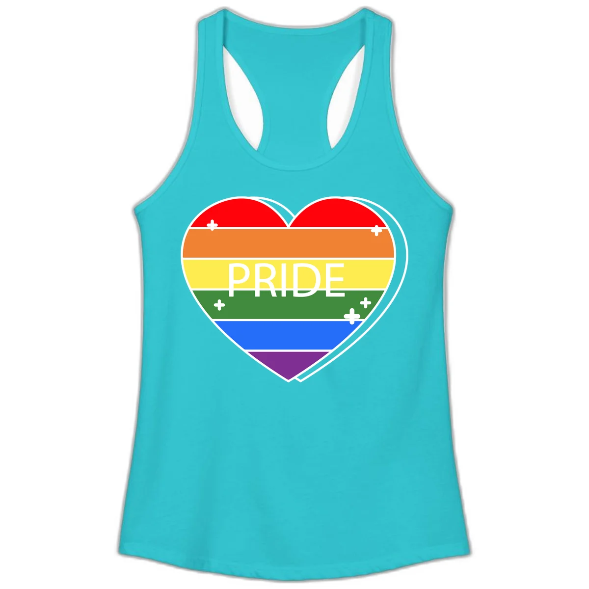 Rainbow pride heart with horizontal stripes and white 'PRIDE' text, featuring scattered plus signs and bold outline in Solid Tahiti Blue