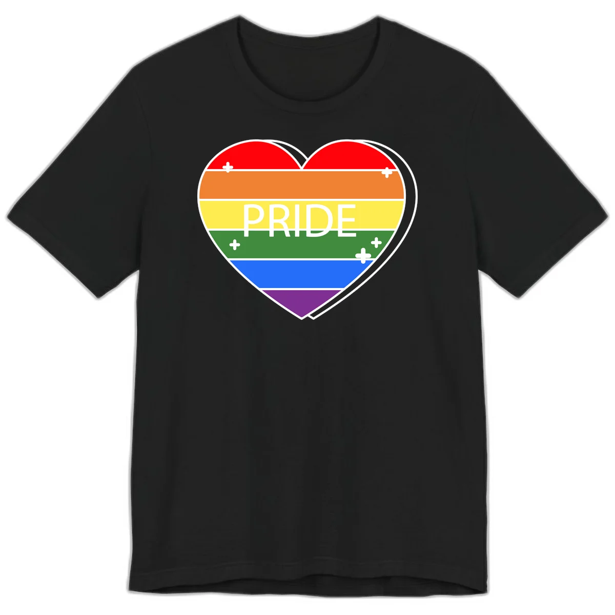 Rainbow pride heart with horizontal stripes and white 'PRIDE' text, featuring scattered plus signs and bold outline in Black