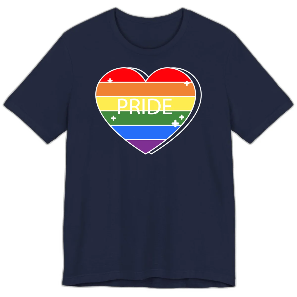 Rainbow pride heart with horizontal stripes and white 'PRIDE' text, featuring scattered plus signs and bold outline in Navy
