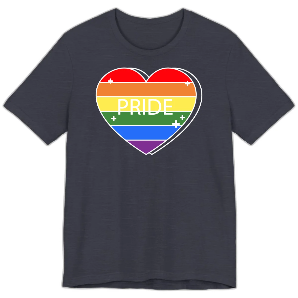 Rainbow pride heart with horizontal stripes and white 'PRIDE' text, featuring scattered plus signs and bold outline in Heather Midnight Navy