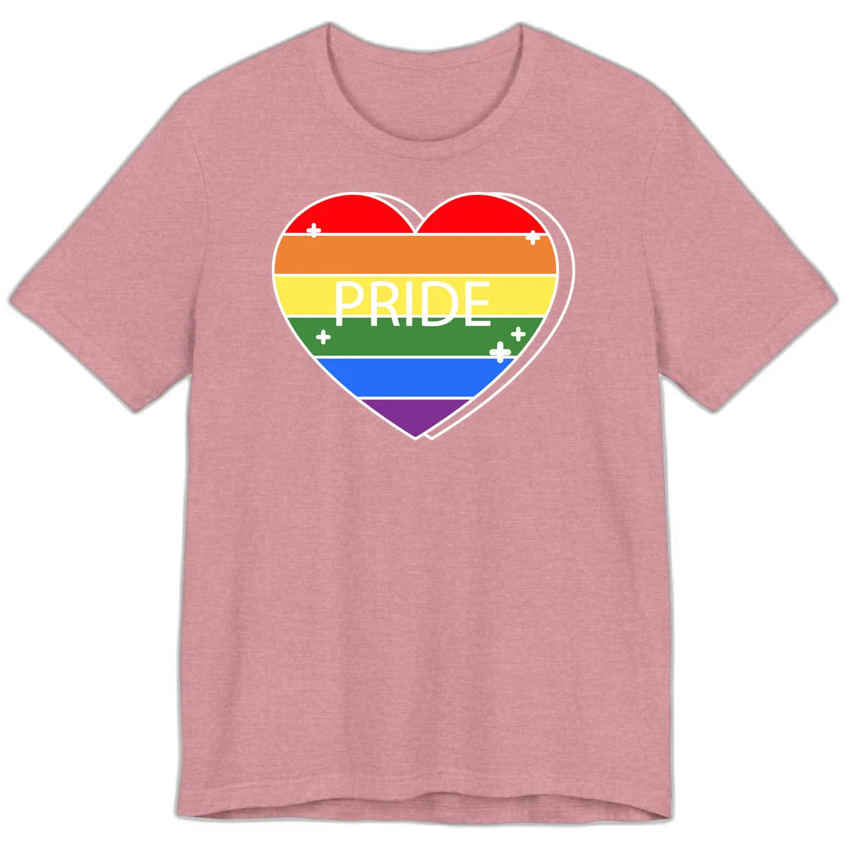 Rainbow pride heart with horizontal stripes and white 'PRIDE' text, featuring scattered plus signs and bold outline in Heather Orchid