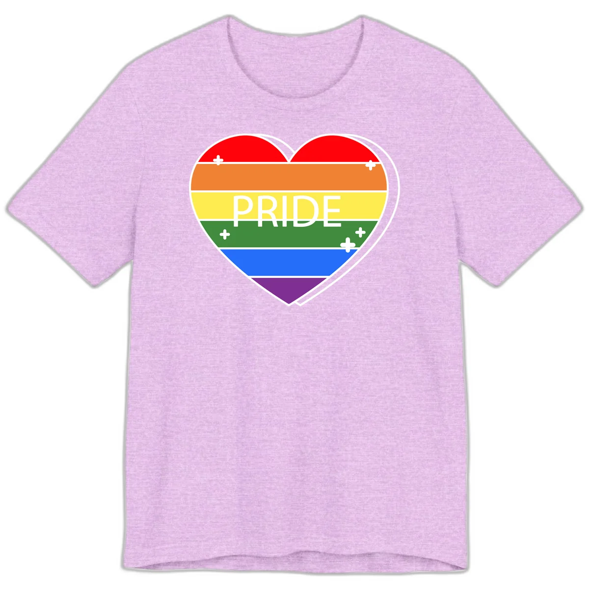 Rainbow pride heart with horizontal stripes and white 'PRIDE' text, featuring scattered plus signs and bold outline in Heather Prism Lilac