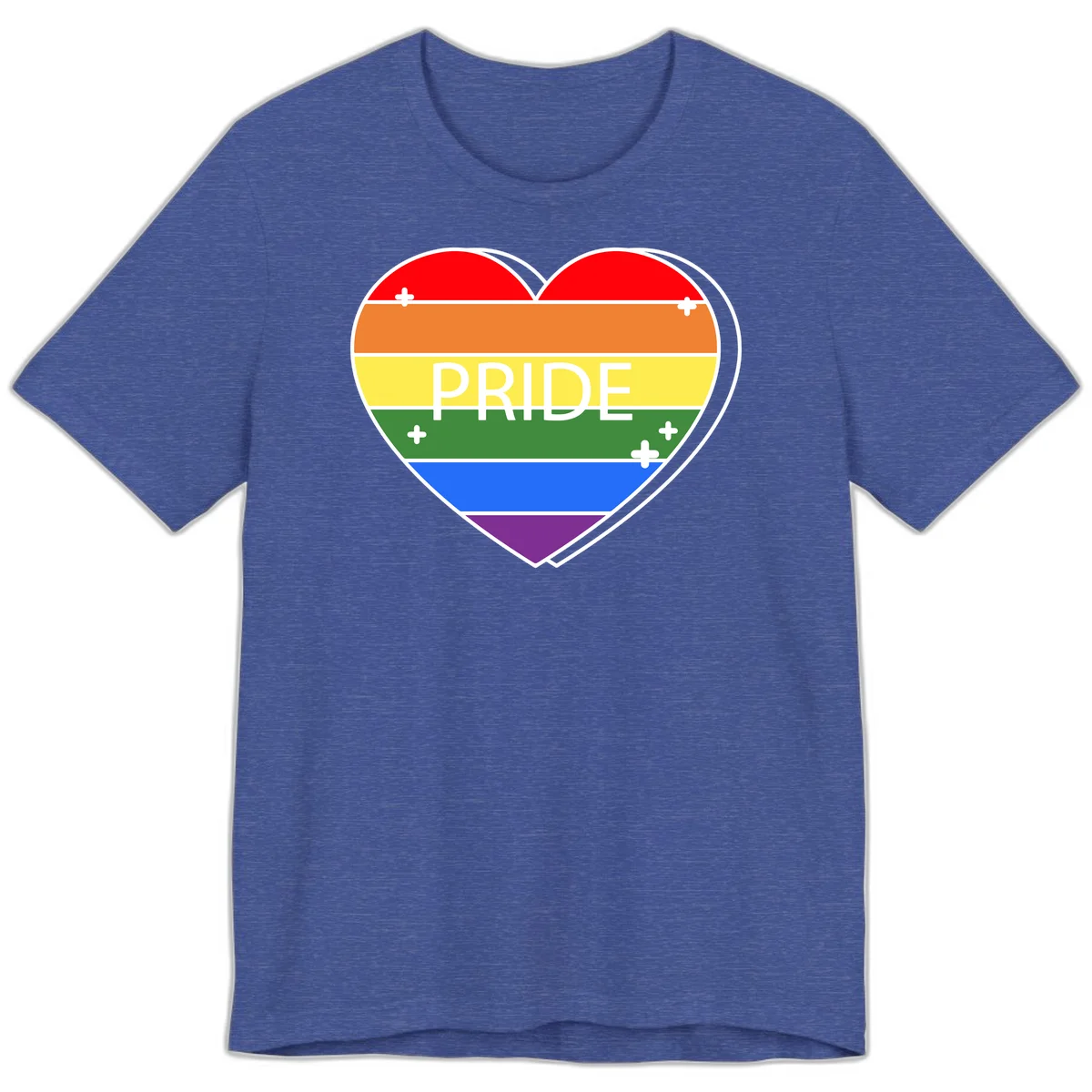 Rainbow pride heart with horizontal stripes and white 'PRIDE' text, featuring scattered plus signs and bold outline in Heather True Royal