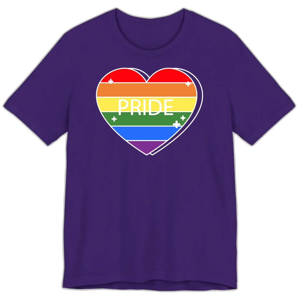 Rainbow pride heart with horizontal stripes and white 'PRIDE' text, featuring scattered plus signs and bold outline in Team Purple