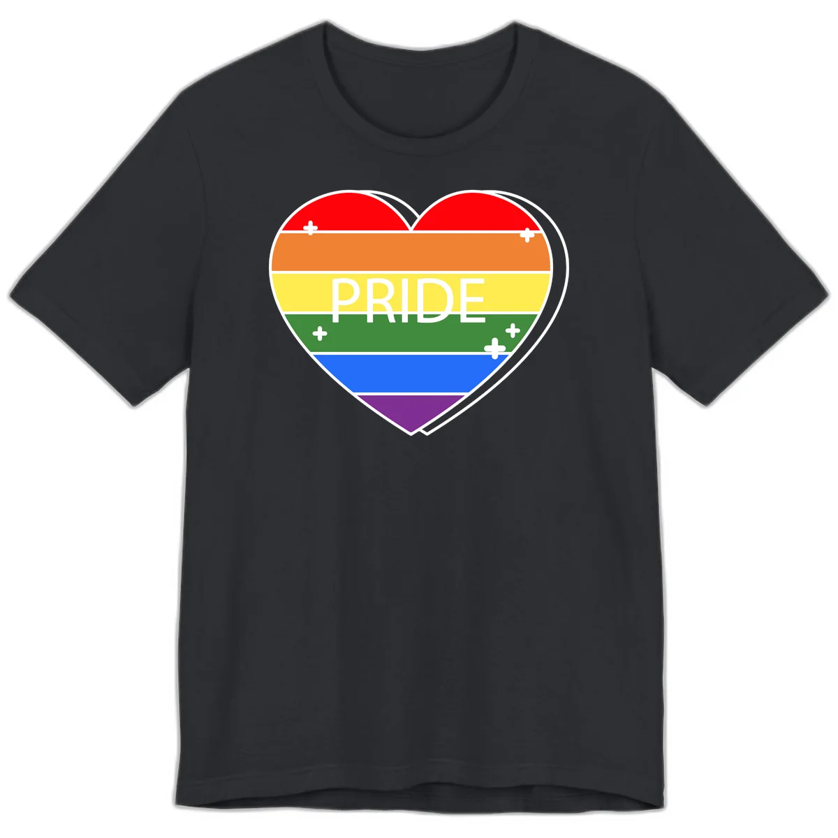 Rainbow pride heart with horizontal stripes and white 'PRIDE' text, featuring scattered plus signs and bold outline in Vintage Black