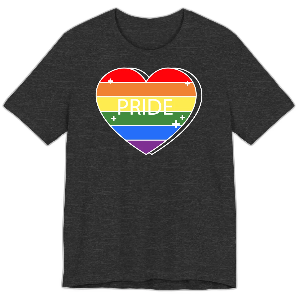 Rainbow pride heart with horizontal stripes and white 'PRIDE' text, featuring scattered plus signs and bold outline in Dark Grey Heather