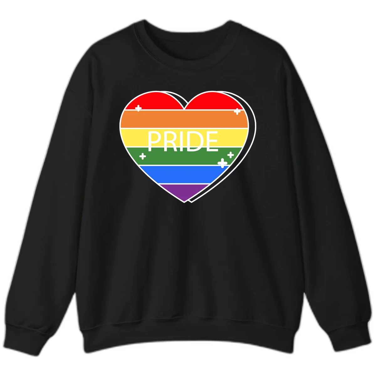 Rainbow pride heart with horizontal stripes and white 'PRIDE' text, featuring scattered plus signs and bold outline in Black