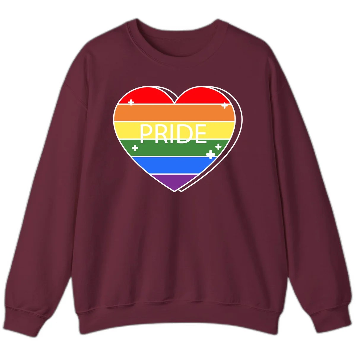 Rainbow pride heart with horizontal stripes and white 'PRIDE' text, featuring scattered plus signs and bold outline in Maroon