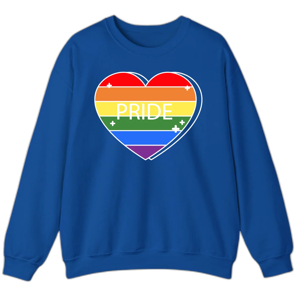 Rainbow pride heart with horizontal stripes and white 'PRIDE' text, featuring scattered plus signs and bold outline in Royal