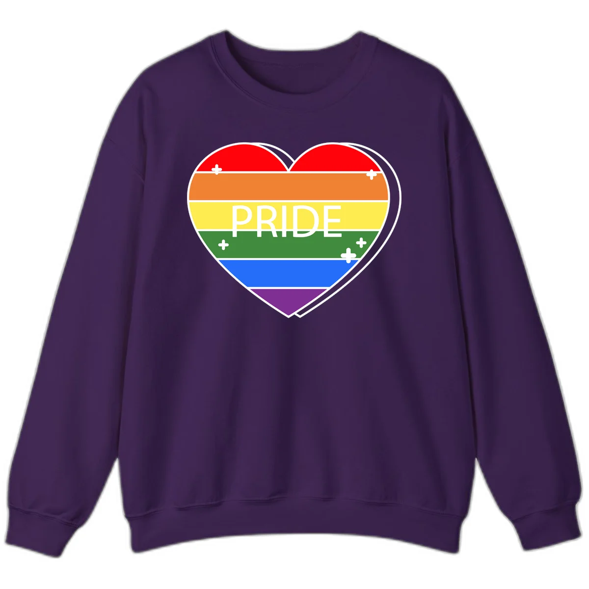 Rainbow pride heart with horizontal stripes and white 'PRIDE' text, featuring scattered plus signs and bold outline in Purple