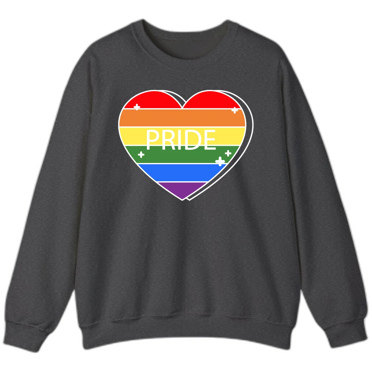Rainbow pride heart with horizontal stripes and white 'PRIDE' text, featuring scattered plus signs and bold outline in Dark Heather