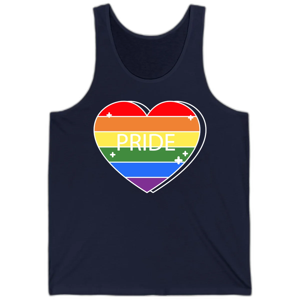 Rainbow pride heart with horizontal stripes and white 'PRIDE' text, featuring scattered plus signs and bold outline in Navy