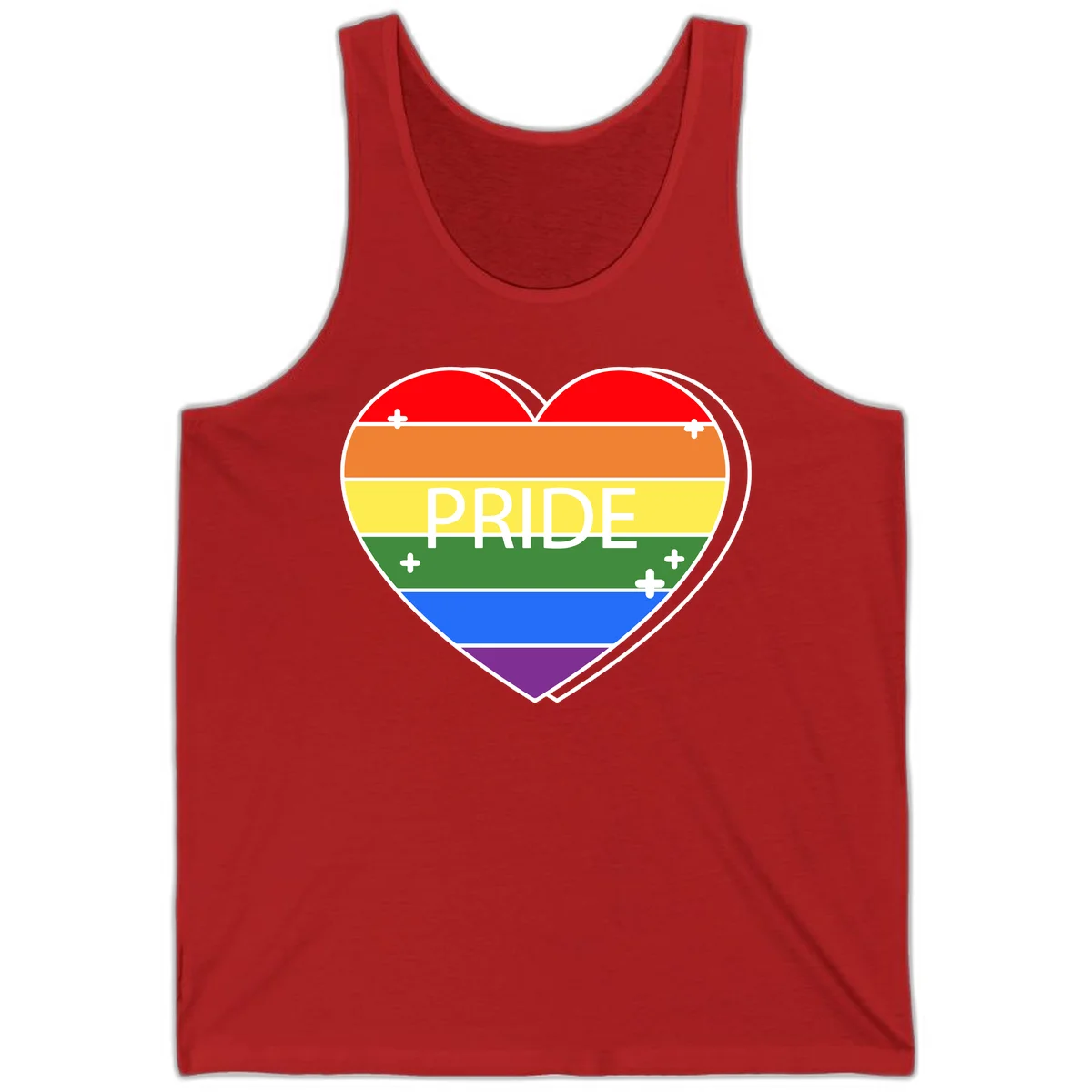 Rainbow pride heart with horizontal stripes and white 'PRIDE' text, featuring scattered plus signs and bold outline in Red