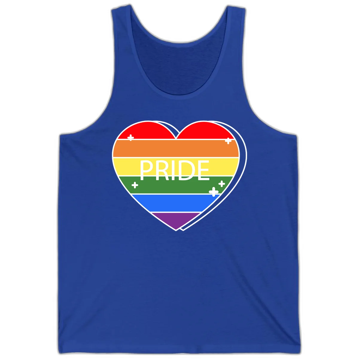 Rainbow pride heart with horizontal stripes and white 'PRIDE' text, featuring scattered plus signs and bold outline in True Royal
