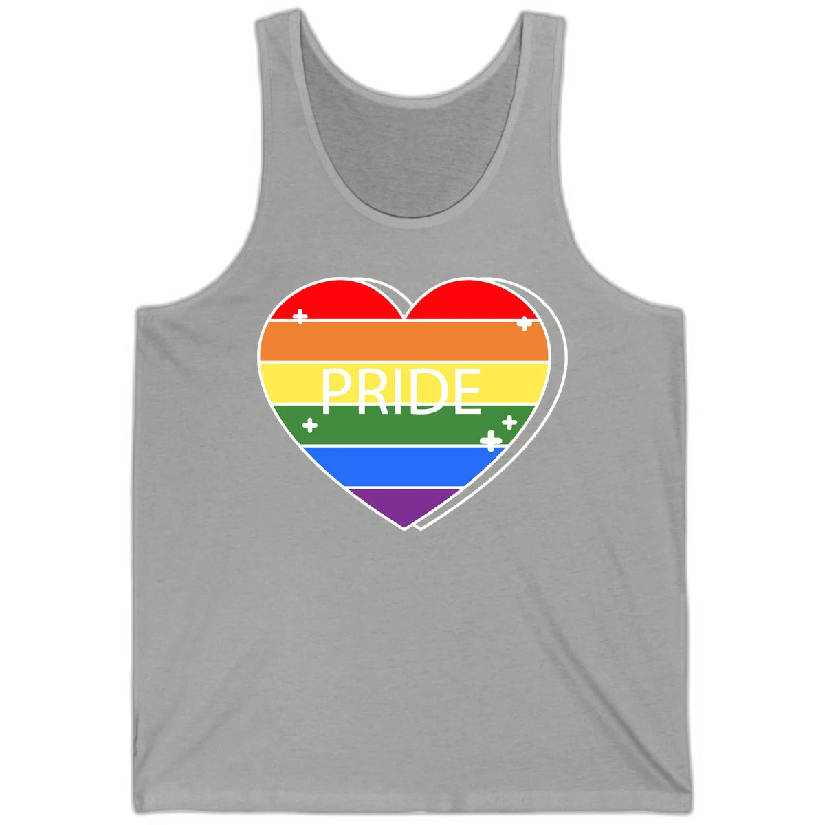 Rainbow pride heart with horizontal stripes and white 'PRIDE' text, featuring scattered plus signs and bold outline in Athletic Heather