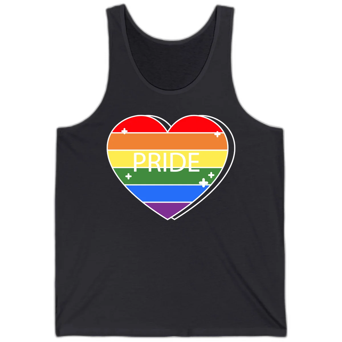 Rainbow pride heart with horizontal stripes and white 'PRIDE' text, featuring scattered plus signs and bold outline in Dark Grey