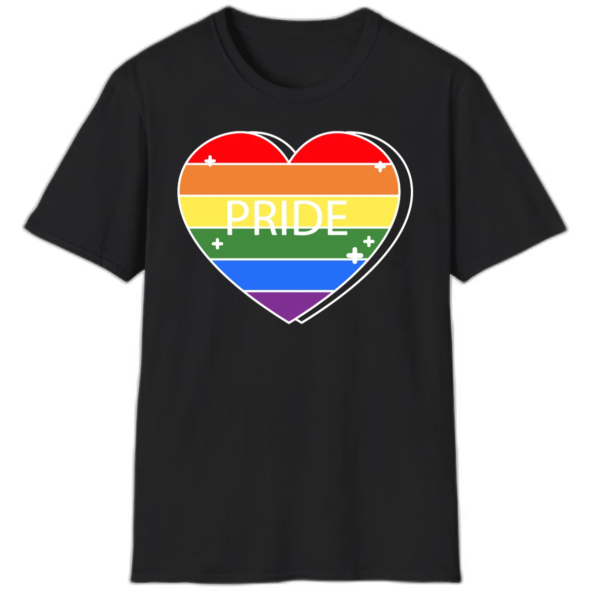 Rainbow pride heart with horizontal stripes and white 'PRIDE' text, featuring scattered plus signs and bold outline in Black