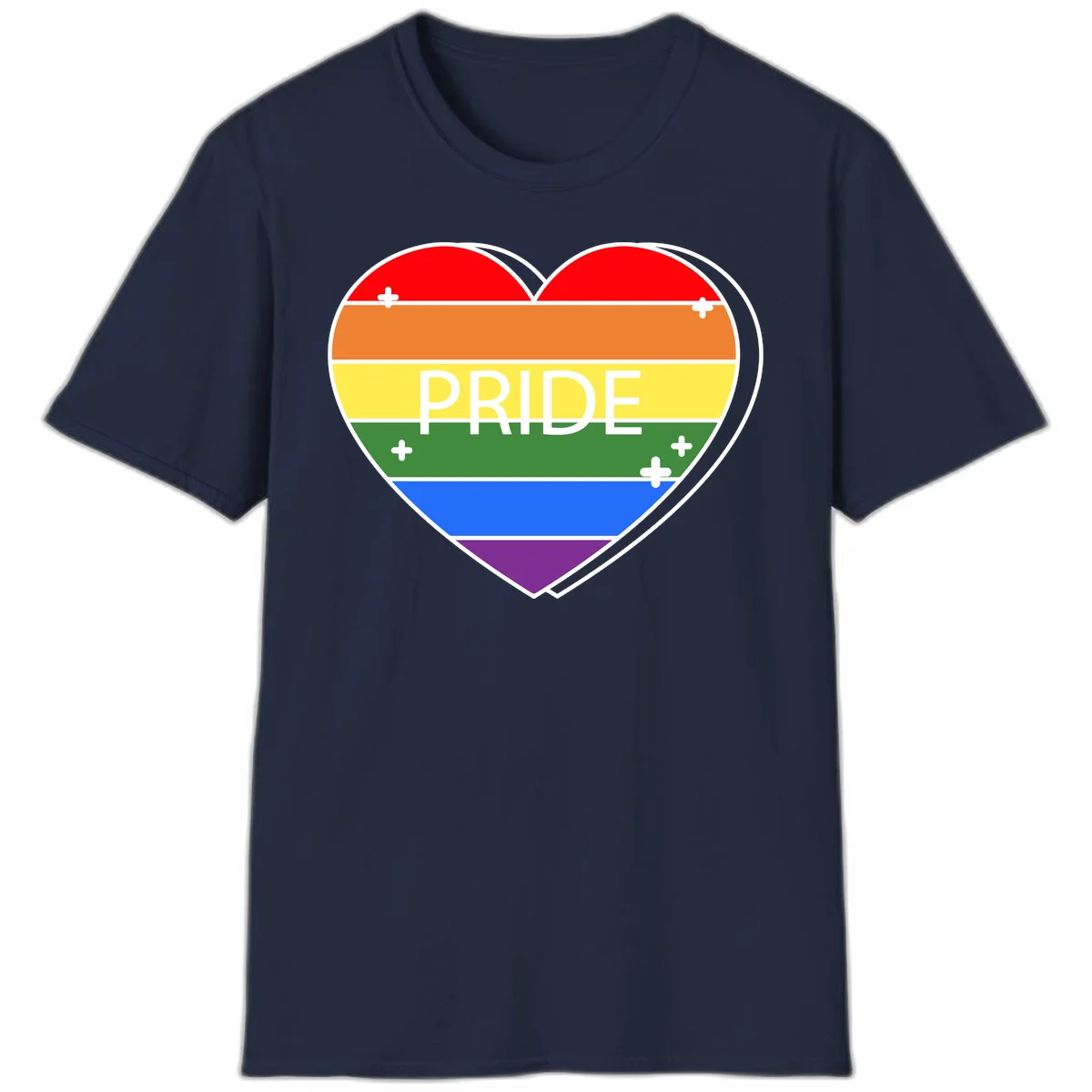 Rainbow pride heart with horizontal stripes and white 'PRIDE' text, featuring scattered plus signs and bold outline in Navy