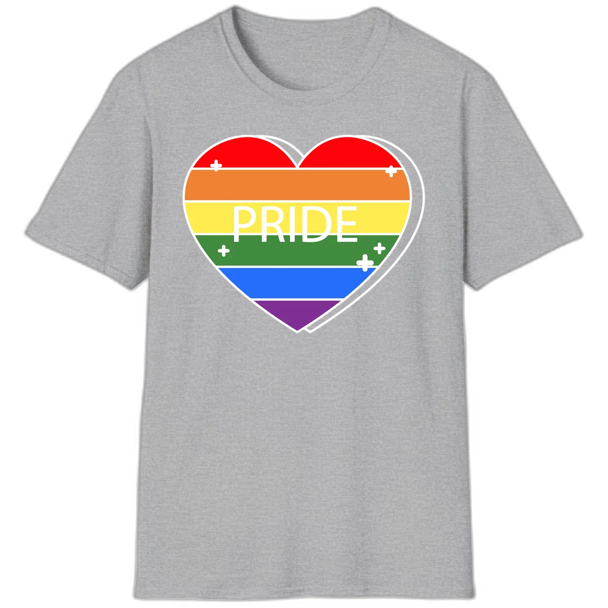 Rainbow pride heart with horizontal stripes and white 'PRIDE' text, featuring scattered plus signs and bold outline in Sport Grey