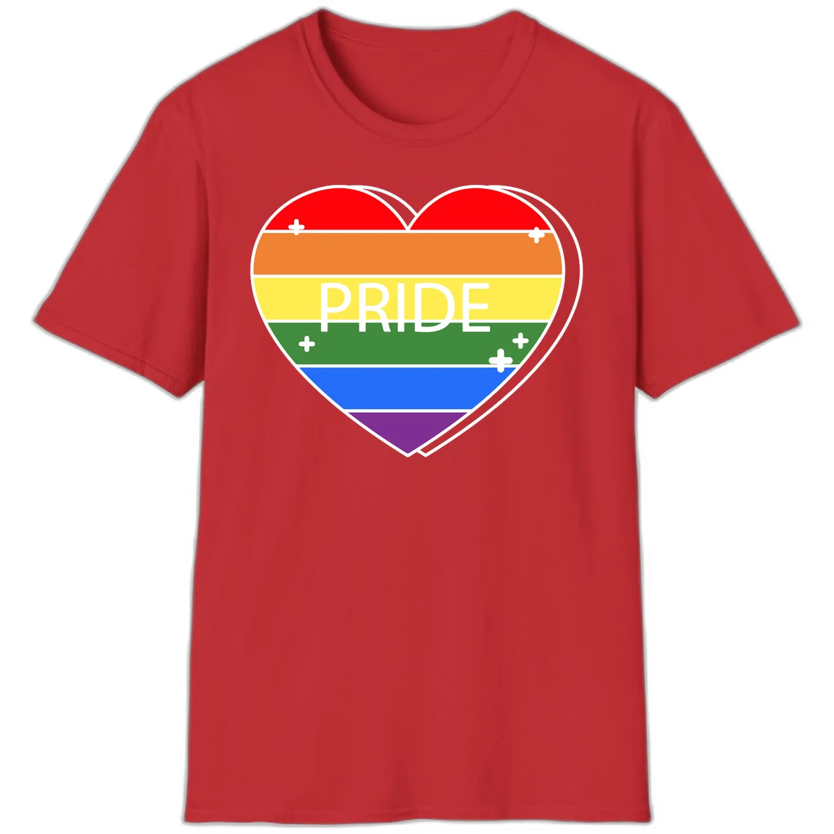 Rainbow pride heart with horizontal stripes and white 'PRIDE' text, featuring scattered plus signs and bold outline in Red