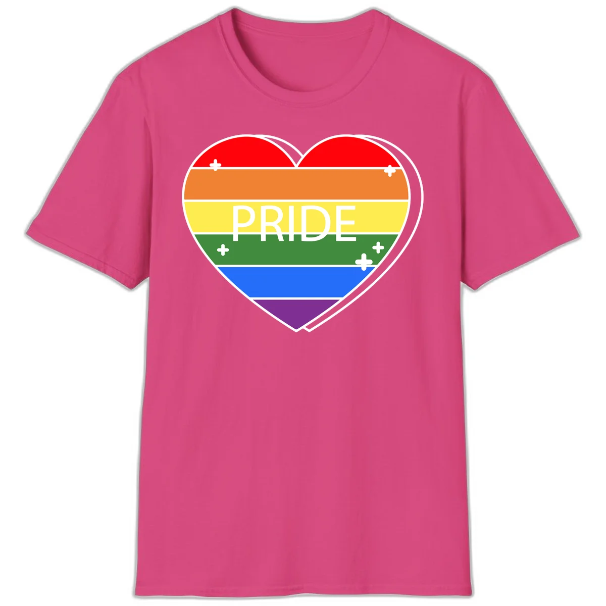 Rainbow pride heart with horizontal stripes and white 'PRIDE' text, featuring scattered plus signs and bold outline in Heliconia